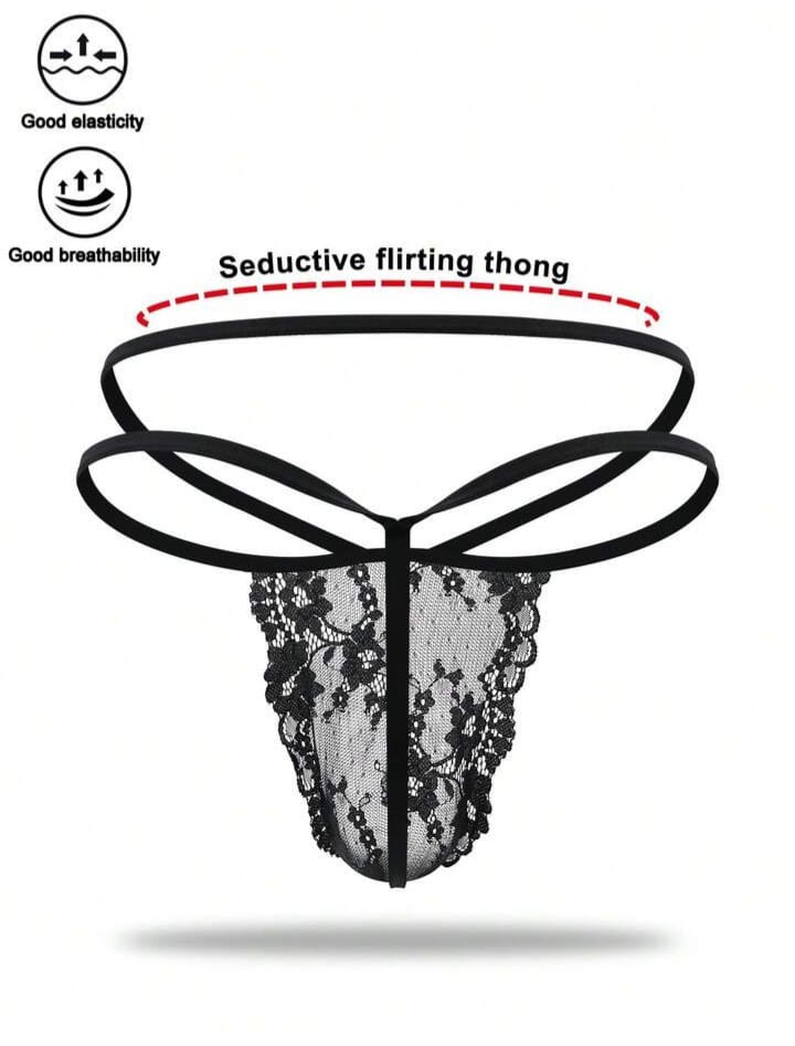 Fashionable Lace Trim Seamless Briefs For Men, Black, Waist Fit